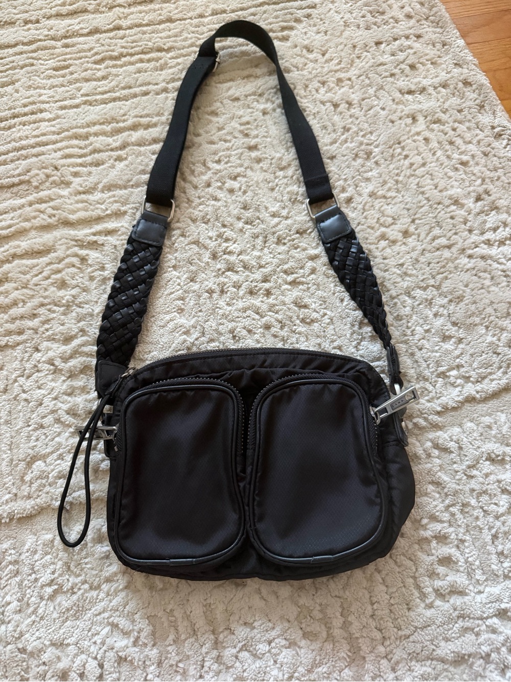 L.A.M.B. Nylon Black Crossbody Shoulder Bag with Woven Strap